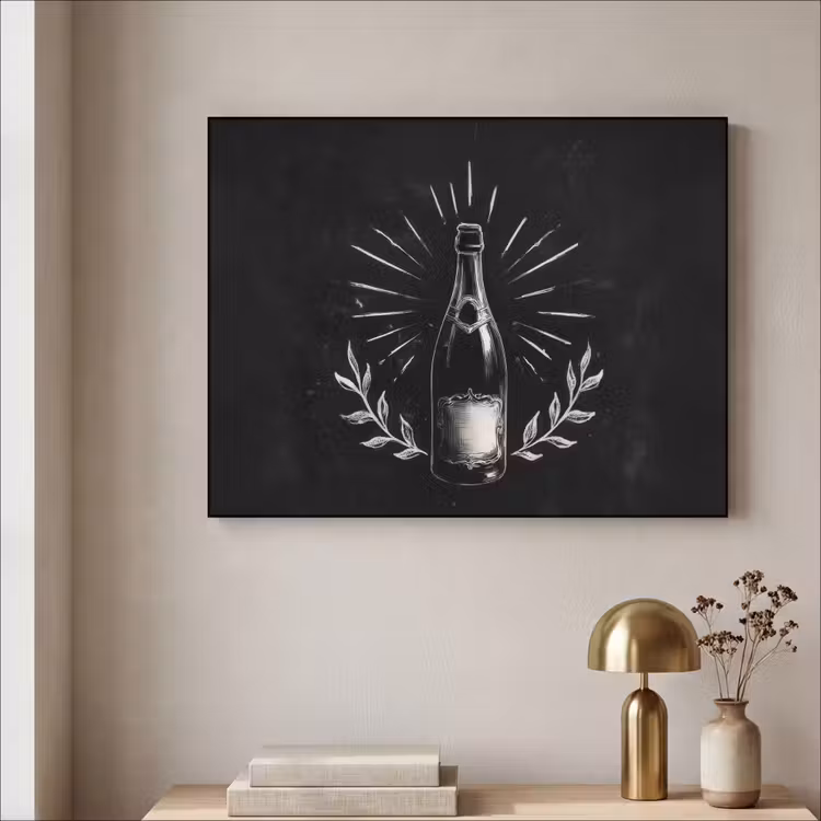 Champagnefles - Lauriertakken - Zwarte achtergrond Textielframe zwart klein -sfeer2