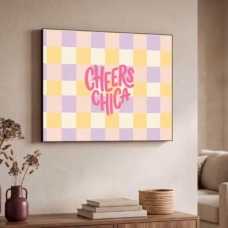 Cheers Chica - Ruitjes - Lila - Geel Textielframe zwart klein -sfeer3