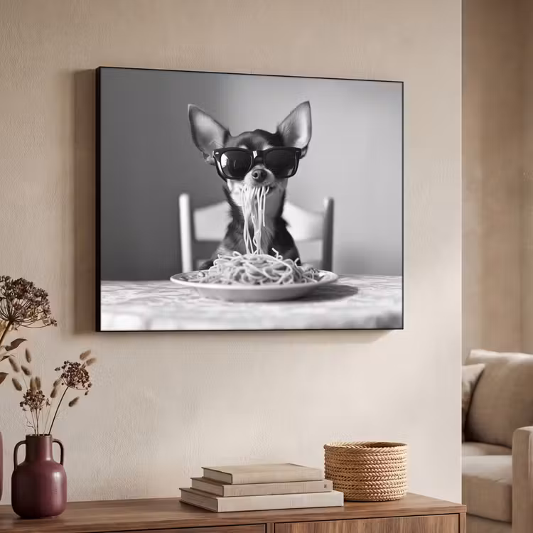 Chihuahua - Hond - Zonnebril - Humoristisch - Zwart - Wit - Spaghetti Textielframe - compleet frame klein -sfeer3