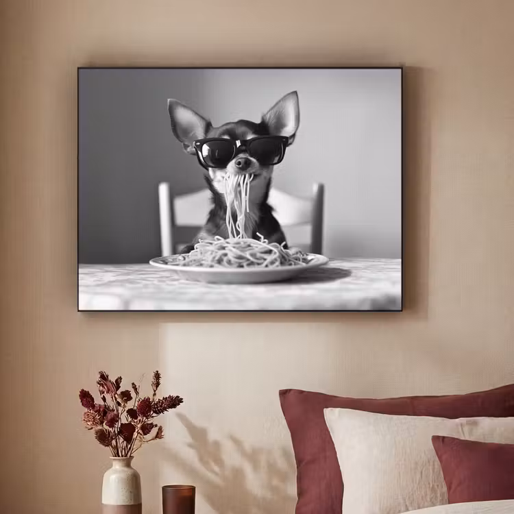 Chihuahua - Hond - Zonnebril - Humoristisch - Zwart - Wit - Spaghetti Textielframe zwart klein -sfeer1