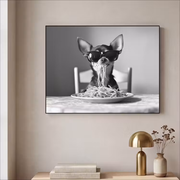 Chihuahua - Hond - Zonnebril - Humoristisch - Zwart - Wit - Spaghetti Textielframe - compleet frame klein -sfeer2