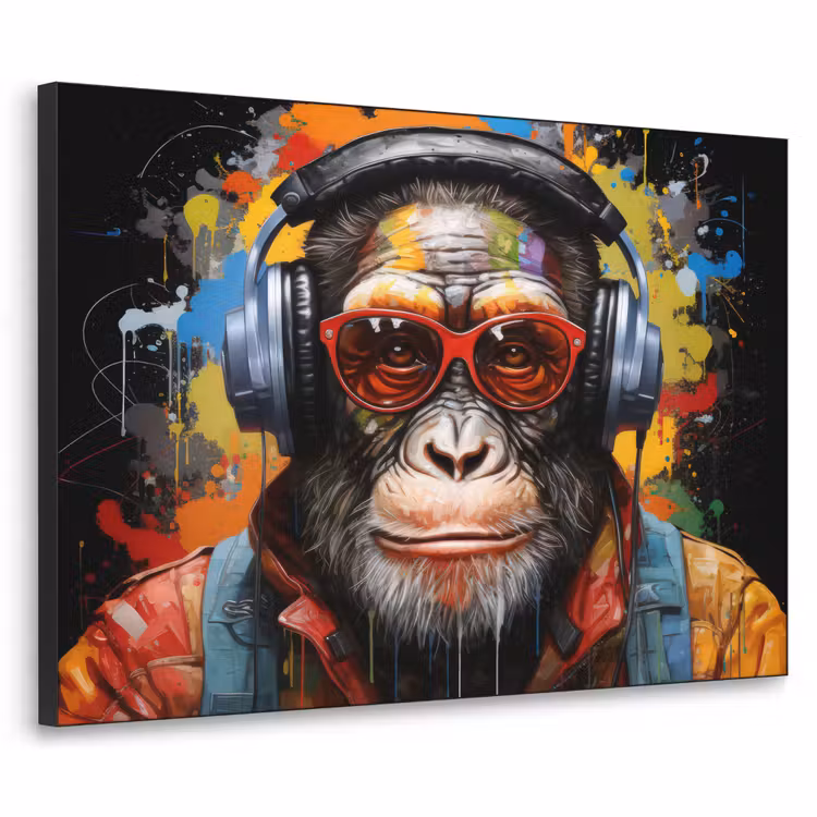 Chimpansee - Aap - dieren - Graffiti - Bril - Koptelefoon - Kleuren Textielframe zwart klein -3d