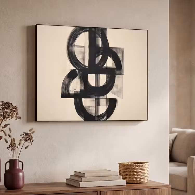 Cirkels - Lijnen - Vormen - Zwart Textielframe zwart klein -sfeer3