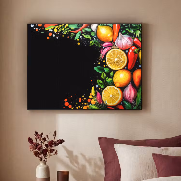 Citroenen - Peper - Kruiden - Graffiti - Verf - Abstract Textielframe - compleet frame klein -sfeer1