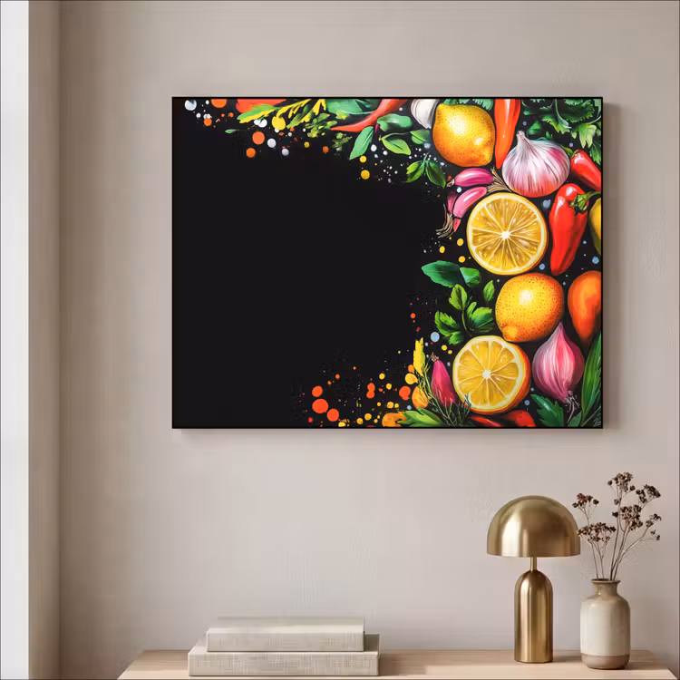 Citroenen - Peper - Kruiden - Graffiti - Verf - Abstract Textielframe zwart klein -sfeer2