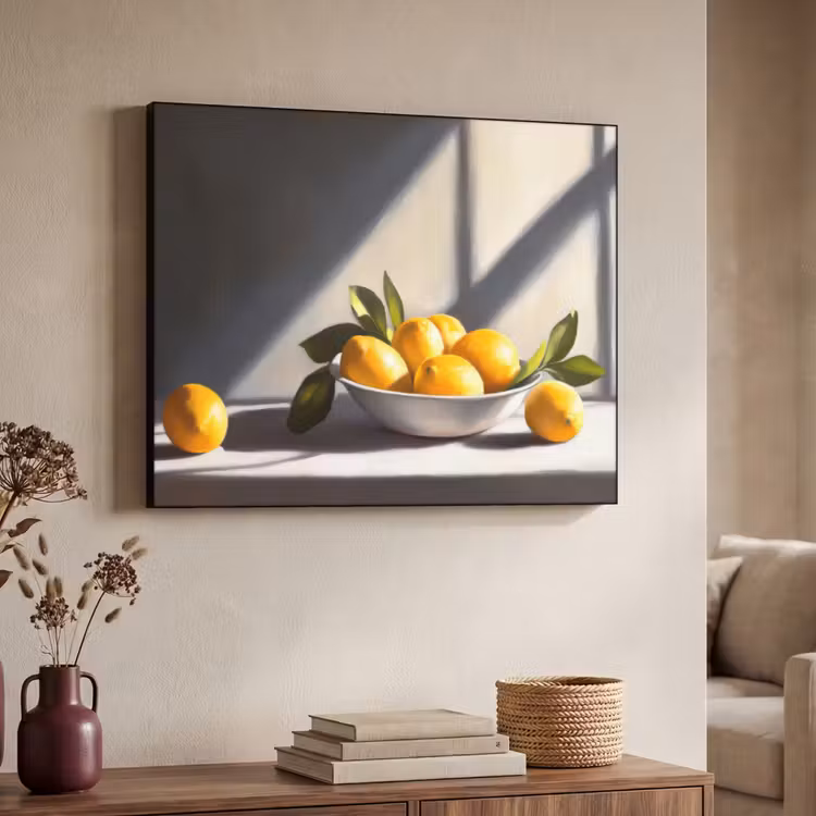 Citroenen - Stilleven - Geel Textielframe zwart klein -sfeer3