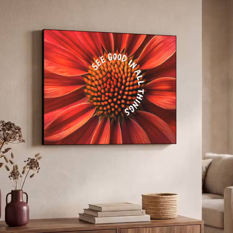 Close up - Bloem - Quote - Rood Textielframe zwart klein -sfeer3