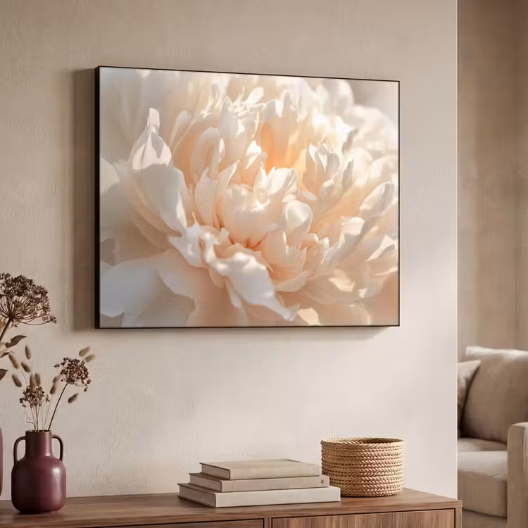 Close up - Pioenroos - Lichtroze Textielframe - compleet frame klein -sfeer3