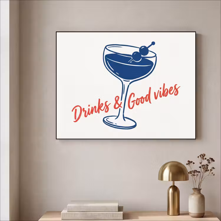 Cocktail - Glas - Illustratie - Blauw - Wit Textielframe zwart klein -sfeer2