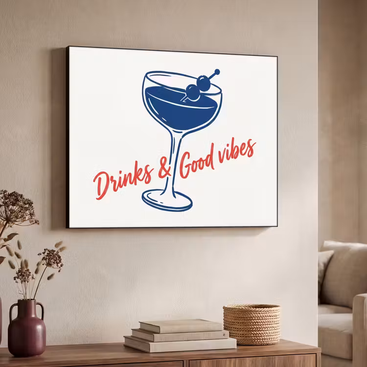 Cocktail - Glas - Illustratie - Blauw - Wit Textielframe zwart klein -sfeer3