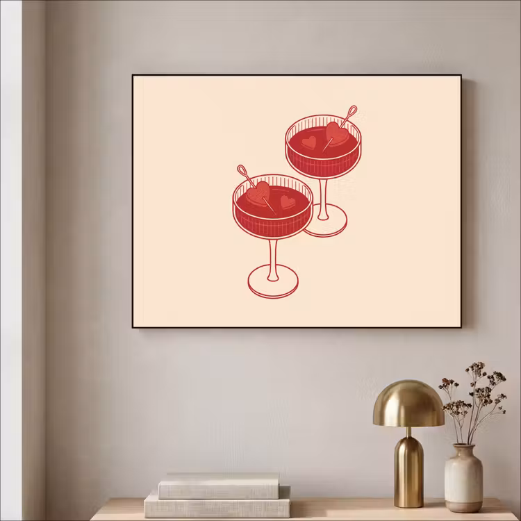 Cocktail - Hartjes - Liefde - Illustratie - Rood Textielframe zwart klein -sfeer2