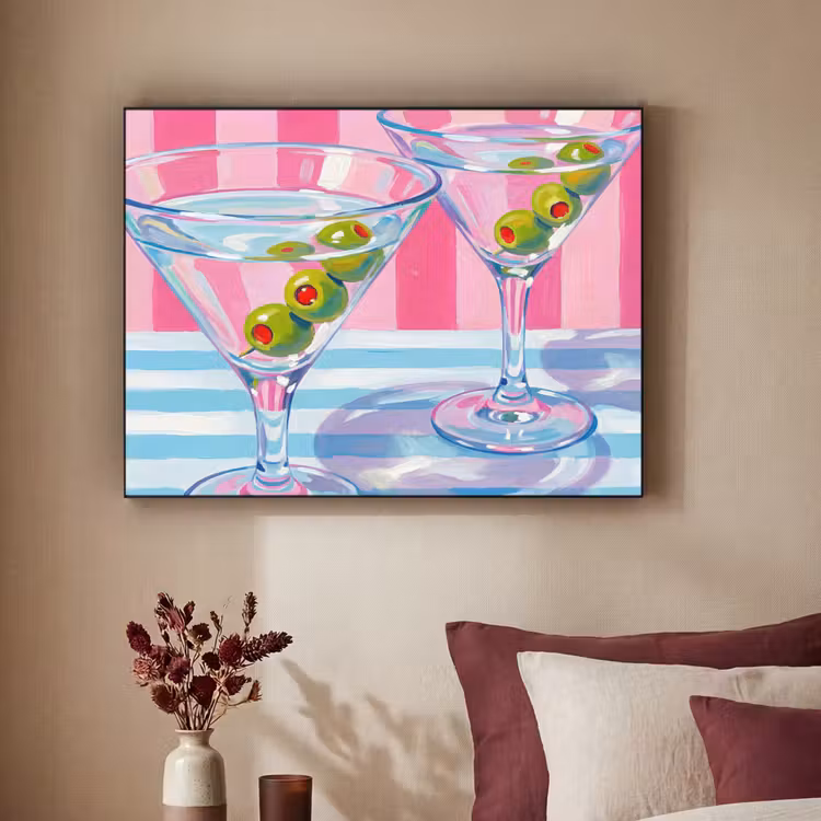 Cocktail - Olijven - Kunst - Modern - Roze Textielframe zwart klein -sfeer1