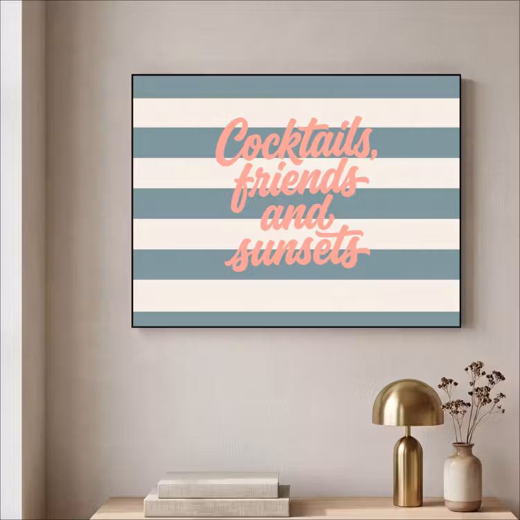 Cocktails - Strepen - Blauw - Koraal Textielframe zwart klein -sfeer2