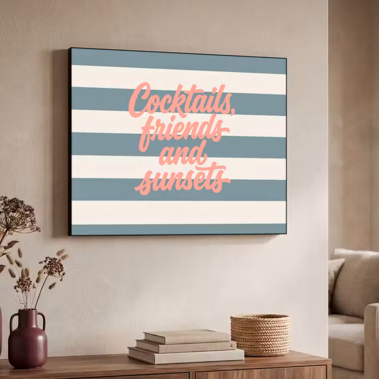 Cocktails - Strepen - Blauw - Koraal Textielframe zwart klein -sfeer3