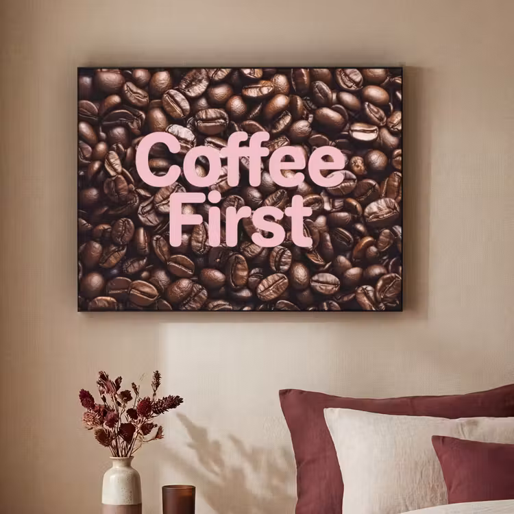 Coffee First - Koffiebonen - Roze Textielframe zwart klein -sfeer1