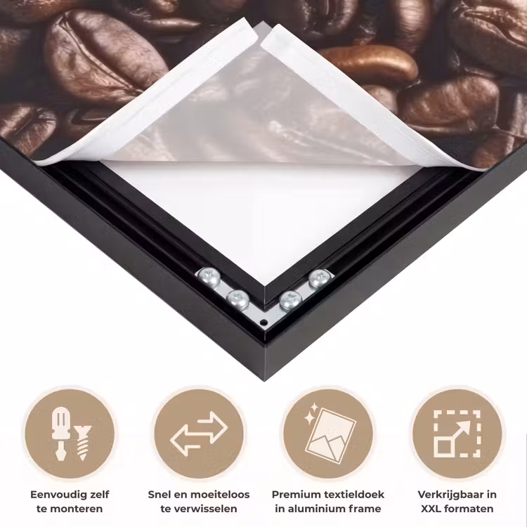 Coffee First - Koffiebonen - Roze Textielframe zwart klein -USP_closeupNL