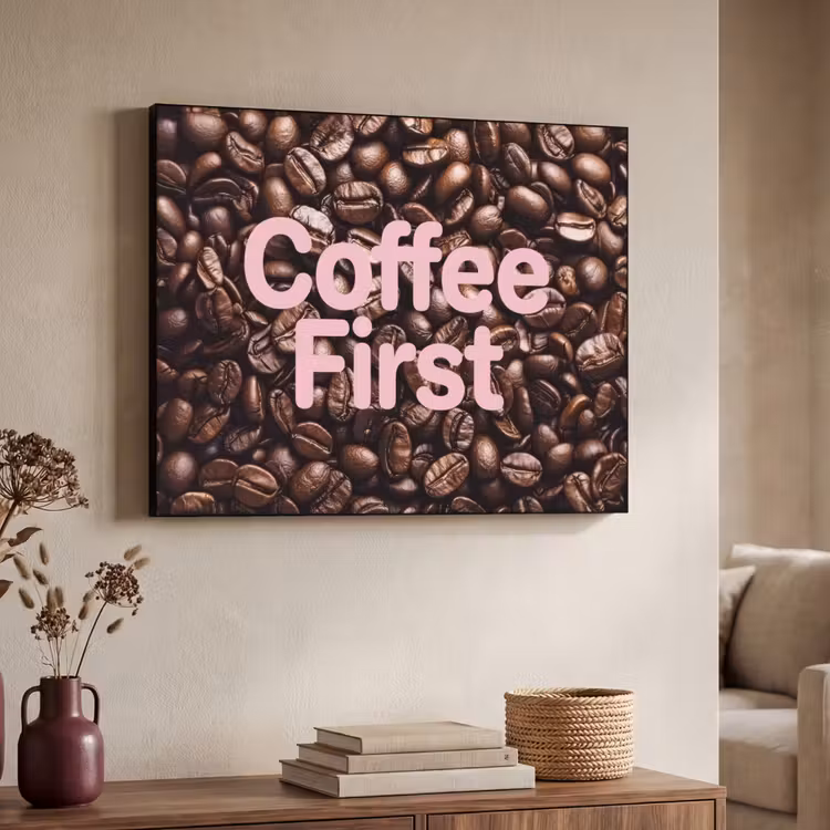 Coffee First - Koffiebonen - Roze Textielframe zwart klein -sfeer3