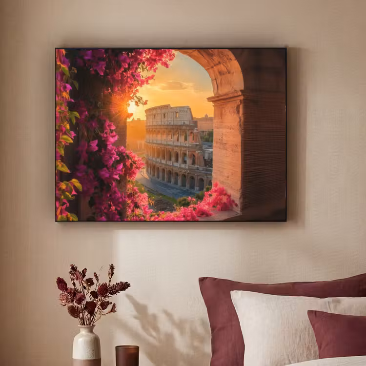 Colosseum - Rome - Roze Bloemen Textielframe - compleet frame klein -sfeer1