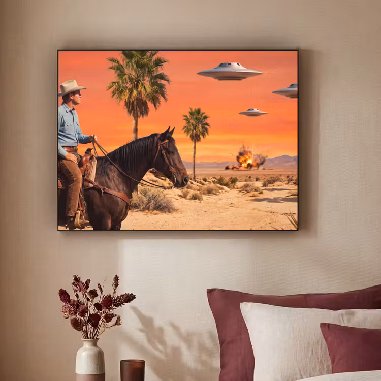 Art frame - Cowboy - Paard - Woestijn - Cowboy - Paard - Woestijn Textielframe zwart klein