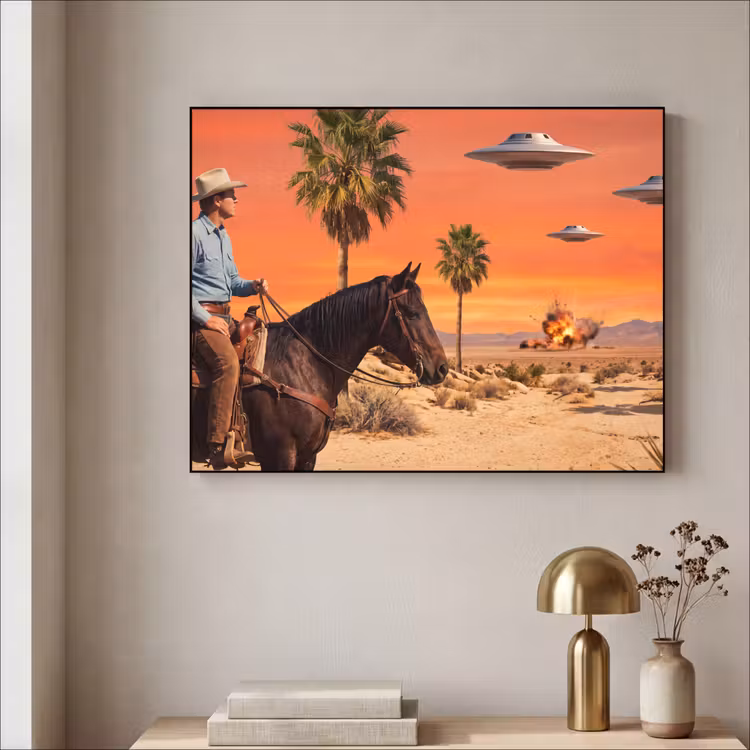 Art frame - Cowboy - Paard - Woestijn - Cowboy - Paard - Woestijn Textielframe zwart klein