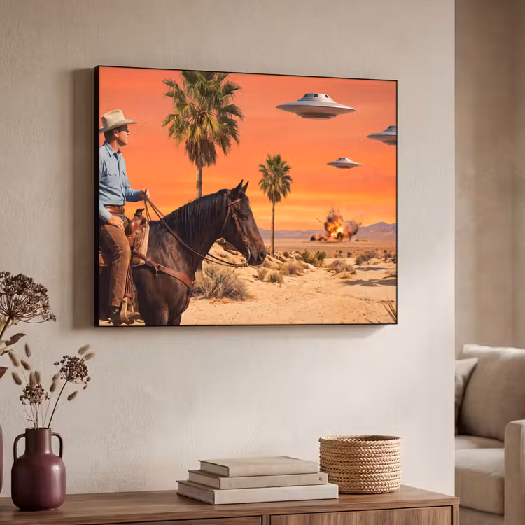 Art frame - Cowboy - Paard - Woestijn - Cowboy - Paard - Woestijn Textielframe zwart klein