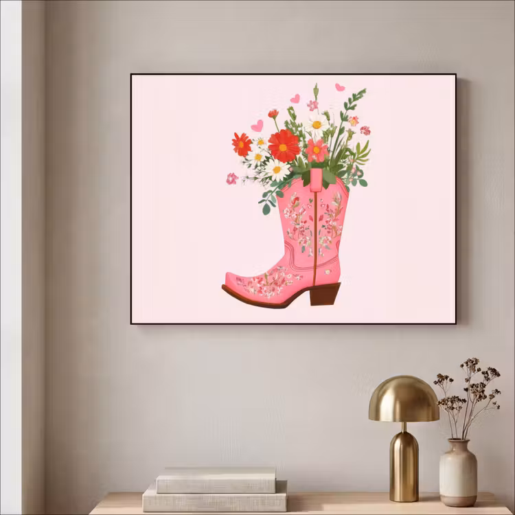 Cowboylaarzen - Roze - Boeket - Bloemen Textielframe - compleet frame klein -sfeer2