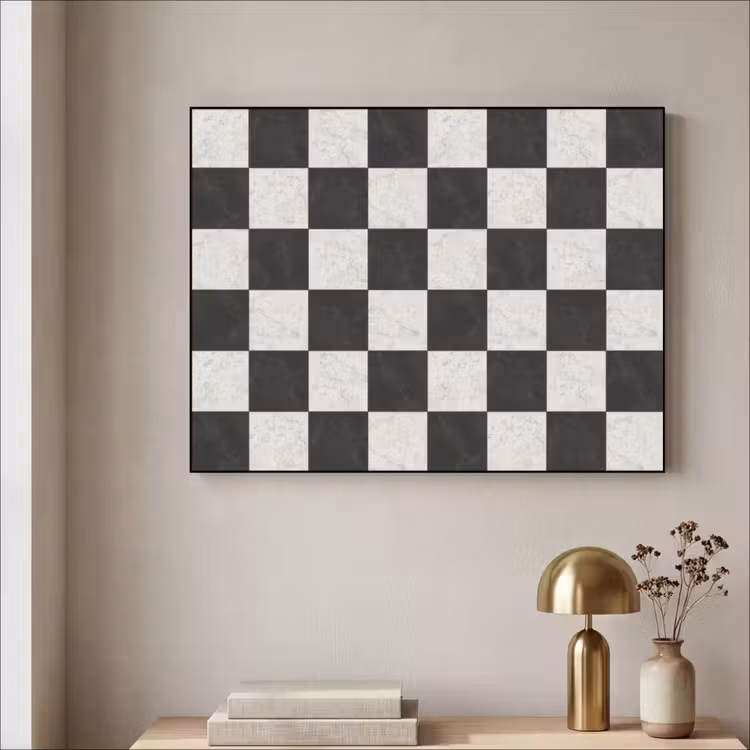 Dambord - Marmer - Zwart - Wit Textielframe zwart klein 947 -sfeer2