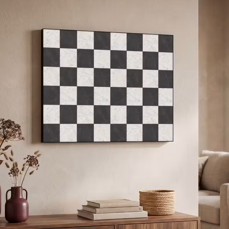 Dambord - Marmer - Zwart - Wit Textielframe zwart klein 947 -sfeer3