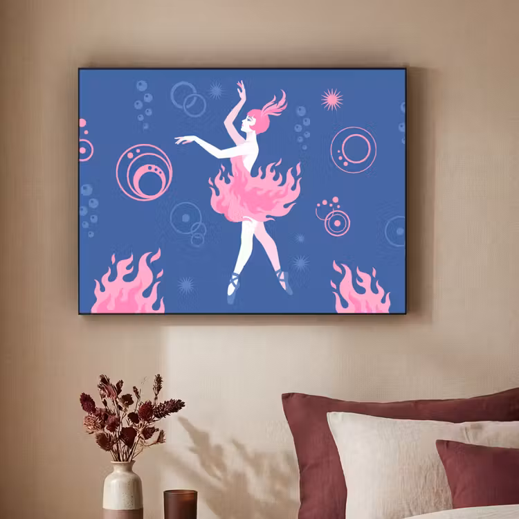 Danseres - Vlammenrok - Abstract - Roze - Blauw Textielframe zwart klein -sfeer1
