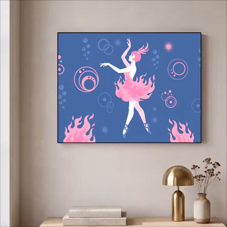Danseres - Vlammenrok - Abstract - Roze - Blauw Textielframe zwart klein -sfeer2