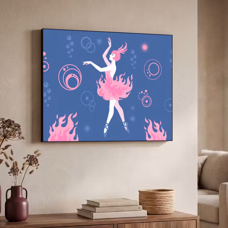 Danseres - Vlammenrok - Abstract - Roze - Blauw Textielframe zwart klein -sfeer3