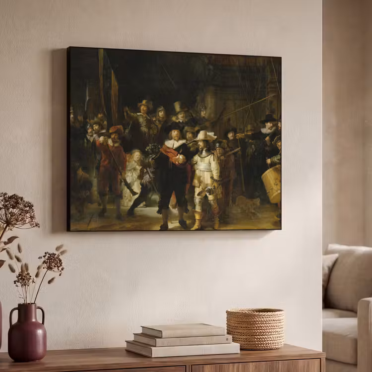 De Nachtwacht - Kunst - Oude meesters - Rembrandt Textielframe zwart klein -sfeer3