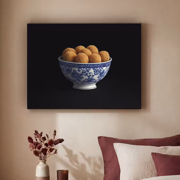 Delfts blauw - Bitterballen - Holland - Schaal Textielframe zwart klein -sfeer1