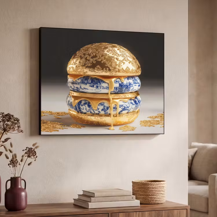 Delftsblauw - Goud - Burger Textielframe zwart klein -sfeer3
