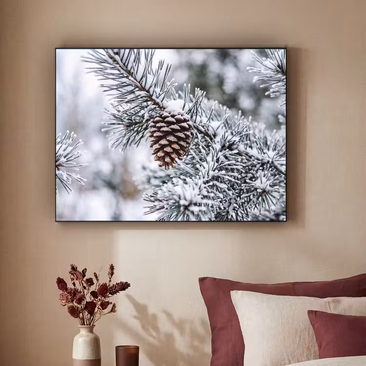 Dennenappel - Tak - Sneeuw - Winter - Sfeervol Textielframe zwart klein -sfeer1