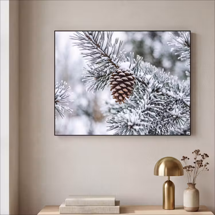 Dennenappel - Tak - Sneeuw - Winter - Sfeervol Textielframe zwart klein -sfeer2