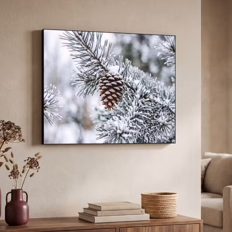 Dennenappel - Tak - Sneeuw - Winter - Sfeervol Textielframe zwart klein -sfeer3