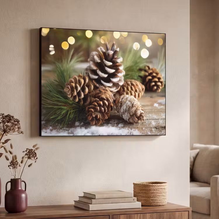 Dennenappels - Kerstsfeer - Bruin - Groen Textielframe - compleet frame klein -sfeer3
