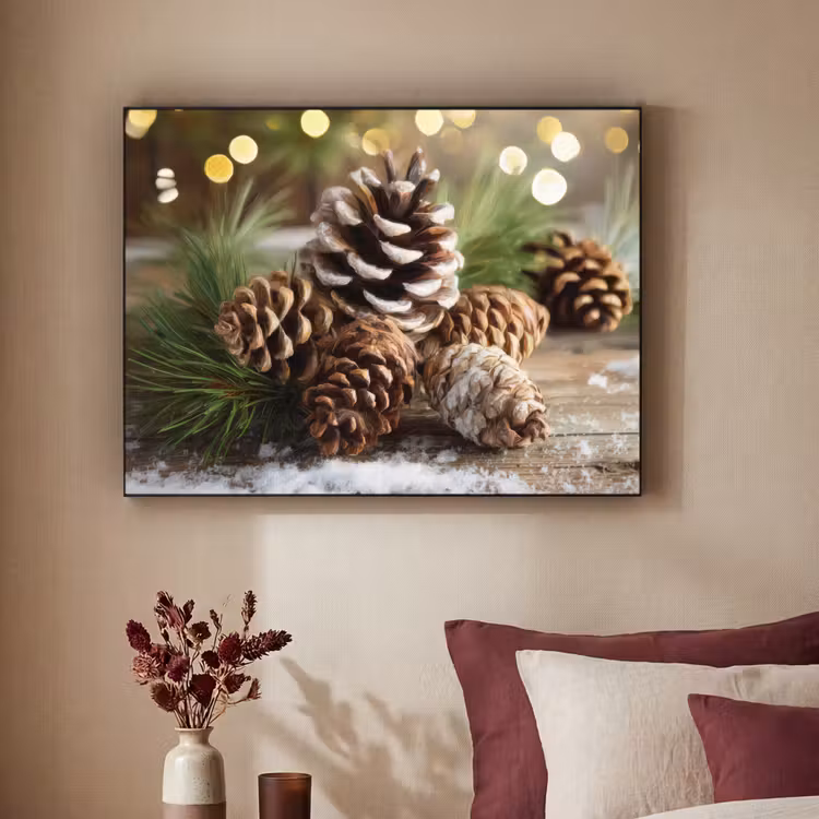 Dennenappels - Kerstsfeer - Bruin - Groen Textielframe zwart klein -sfeer1
