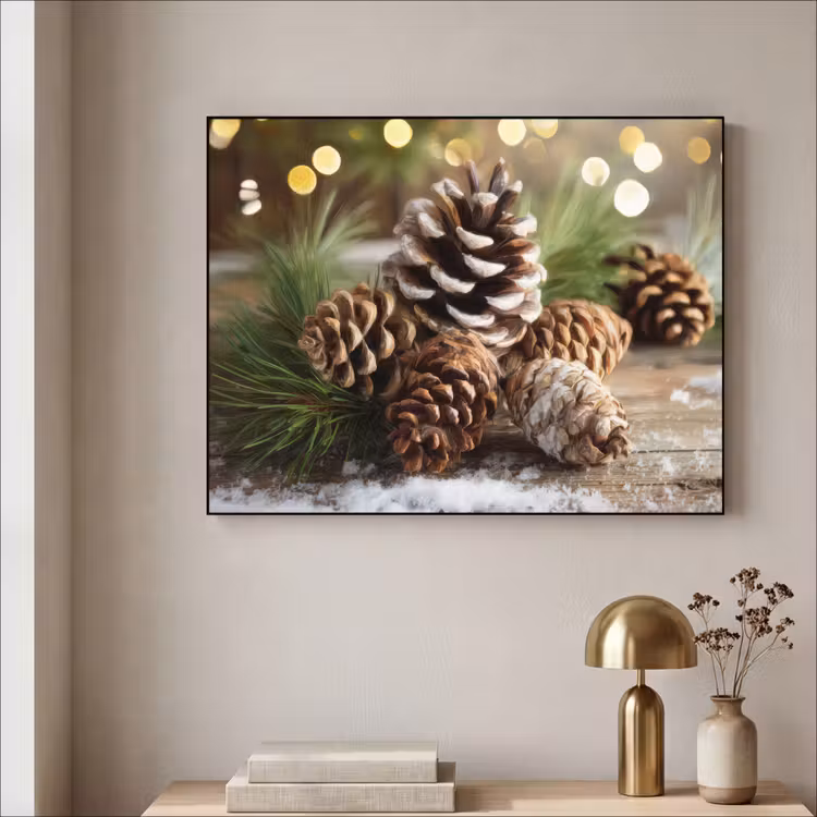 Dennenappels - Kerstsfeer - Bruin - Groen Textielframe zwart klein -sfeer2