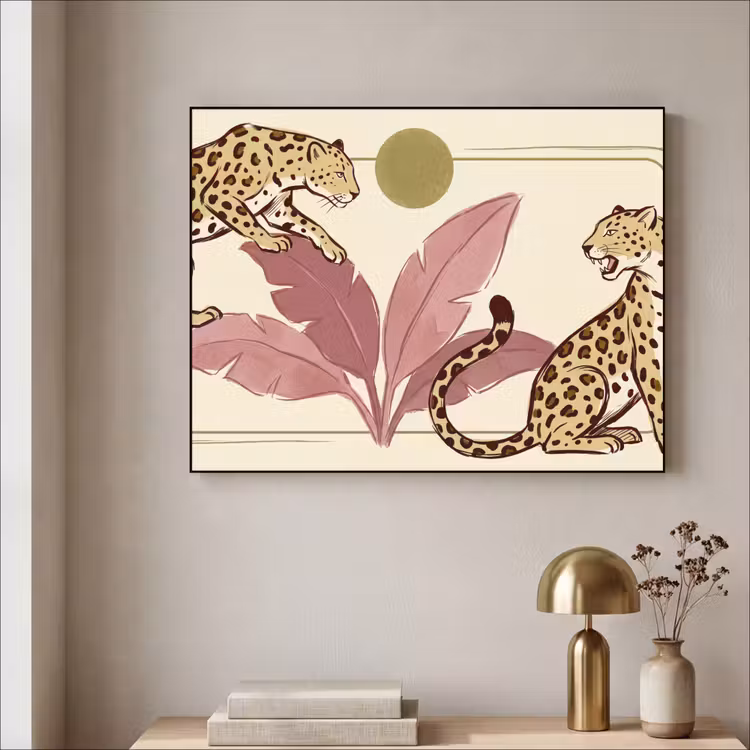 Dieren - Kat - Jungle - Illustratie - Beige Textielframe zwart klein -sfeer2
