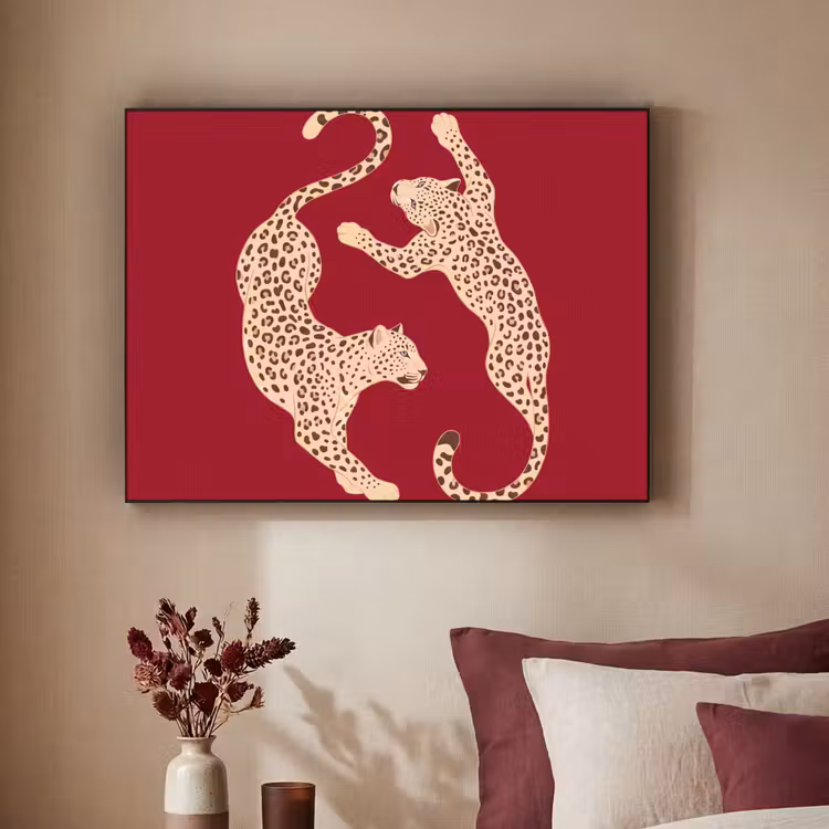 Dieren - Luipaard - Abstract - Rood - Modern Textielframe zwart klein -sfeer1