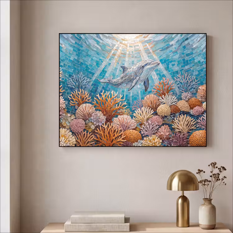 Dieren - Mozaïek - Oceaan - Koraal - Blauw Textielframe zwart klein -sfeer2
