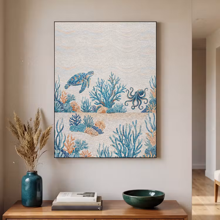 Dieren - Onderwater - Natuur - Mozaïek - Blauw Textielframe zwart klein -sfeer1