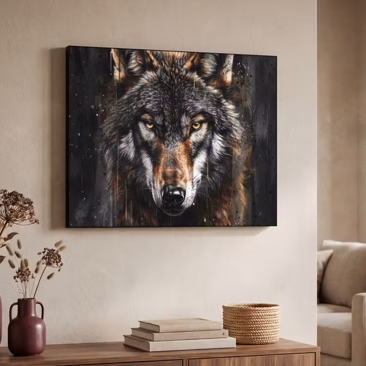 Dieren - Wolf - Portret - Zwart - Bruin Textielframe - compleet frame klein -sfeer3