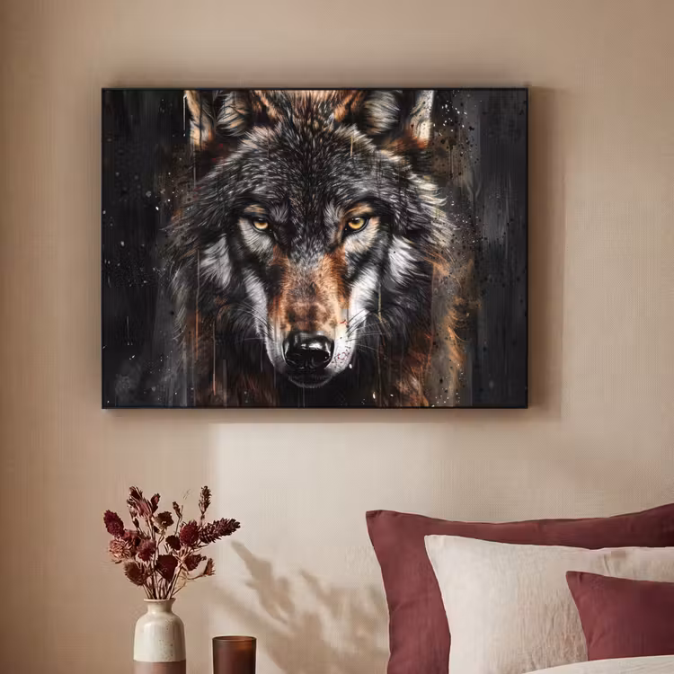 Dieren - Wolf - Portret - Zwart - Bruin Textielframe - compleet frame klein -sfeer1