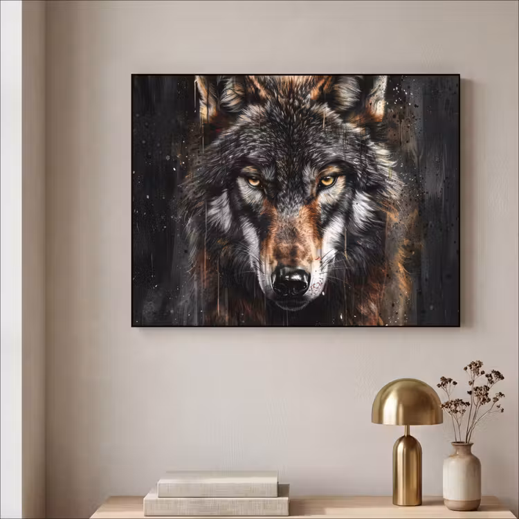 Dieren - Wolf - Portret - Zwart - Bruin Textielframe - compleet frame klein -sfeer2