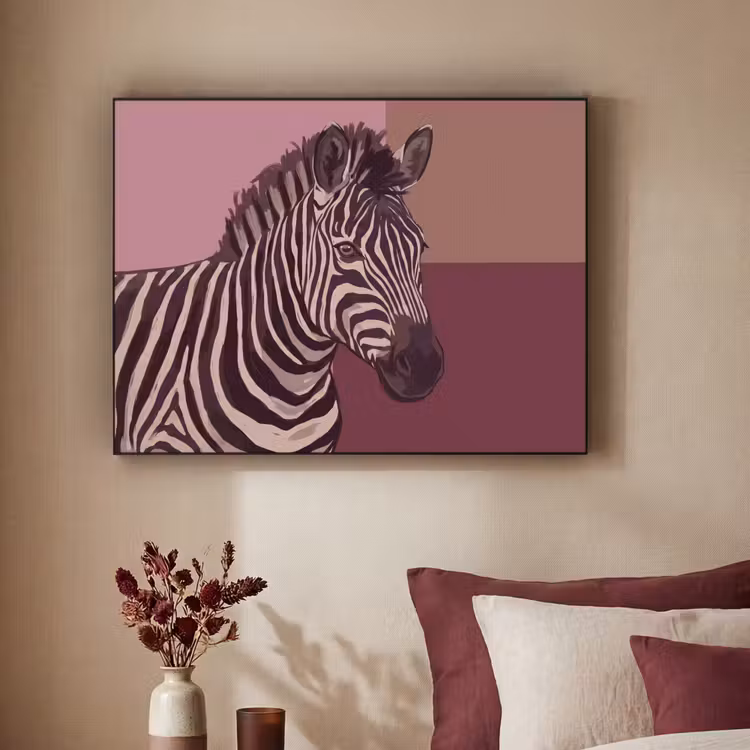 Dieren - Zebrahoofd - Wildlife - Modern - Bruin Textielframe zwart klein -sfeer1