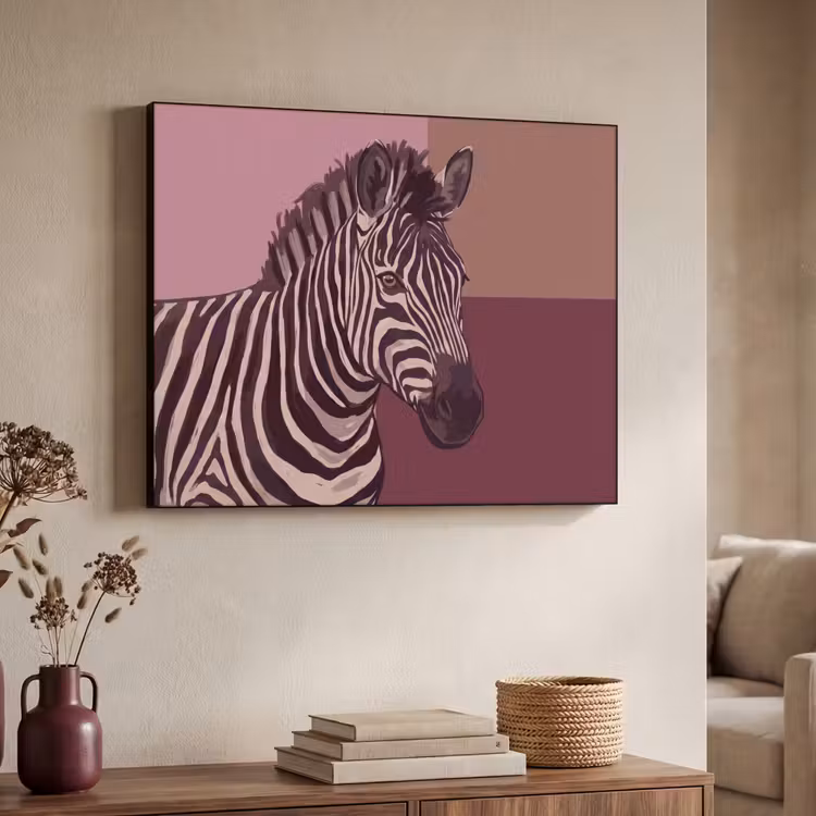Dieren - Zebrahoofd - Wildlife - Modern - Bruin Textielframe zwart klein -sfeer3