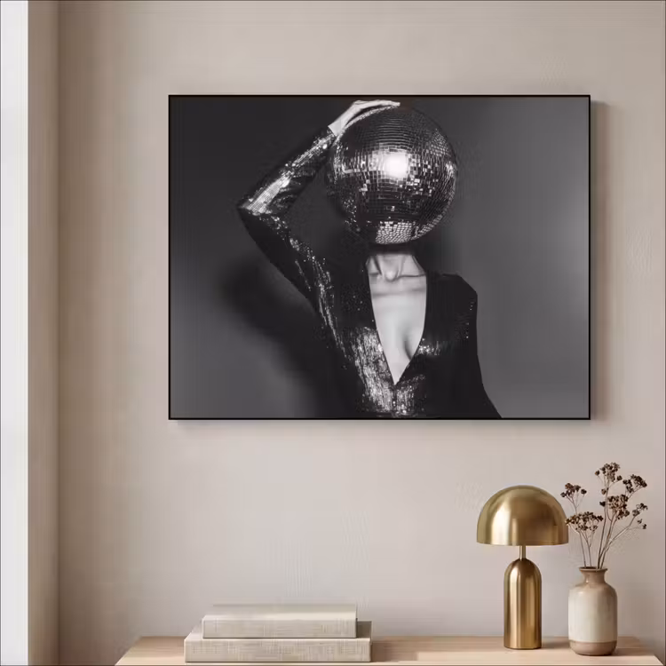 Discobal - Gezicht - Glamour - Zwart Textielframe zwart klein -sfeer2